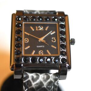 Rare Moulin Vintage Black Rhinestone Accent Faux Snake Skin Band Fashion Watch